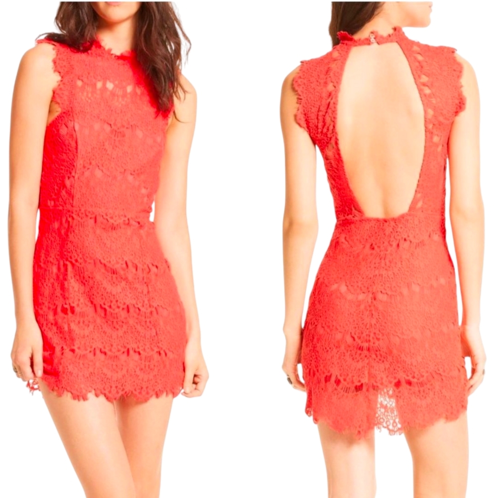 Free People Daydream Lace Mini Dress | M | Coral Eyelash Lace Open Back Boho